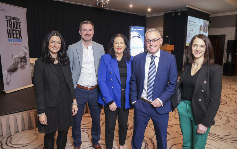 Pictured at a recent cross-border trade event are (L-R) Karly Greene, Head of Northern Ireland, Department for Business and Trade, Colin McCabrey, Director of Trade, InterTradeIreland, Una McGoey, Senior Trade Specialist, InterTradeIreland, Richard Elliot, Head of Creative Services, Department for Business and Trade, Ruth Robinson, Managing Director, Full Circle Management Solutions